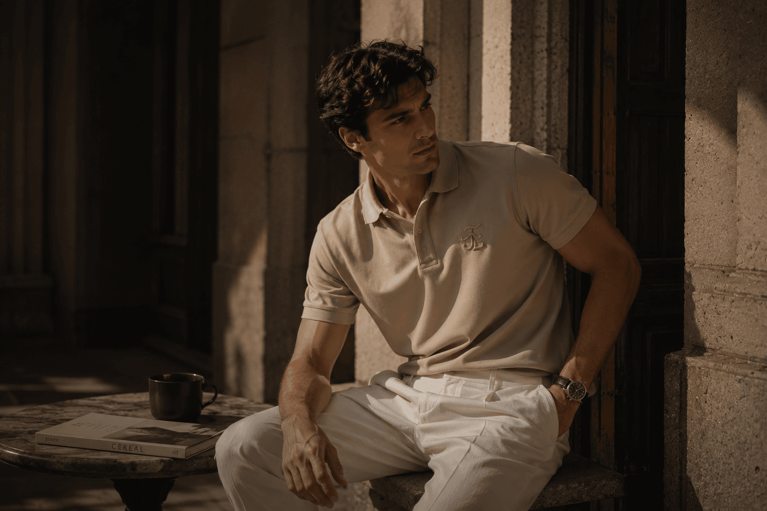 Model wearing the JÆL Signature Polo in beige and taupe