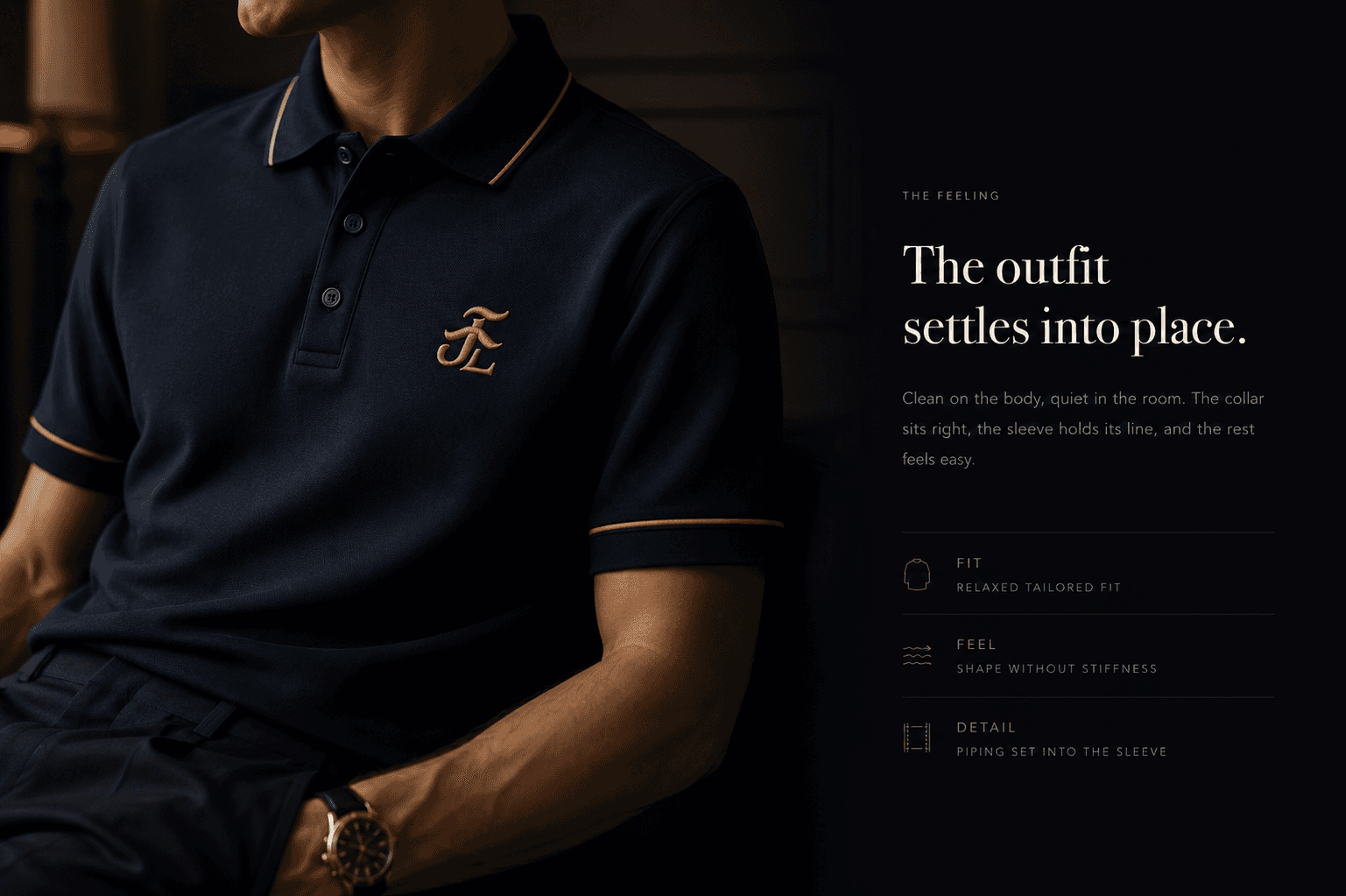 Model wearing the JÆL Signature Polo in navy and gold